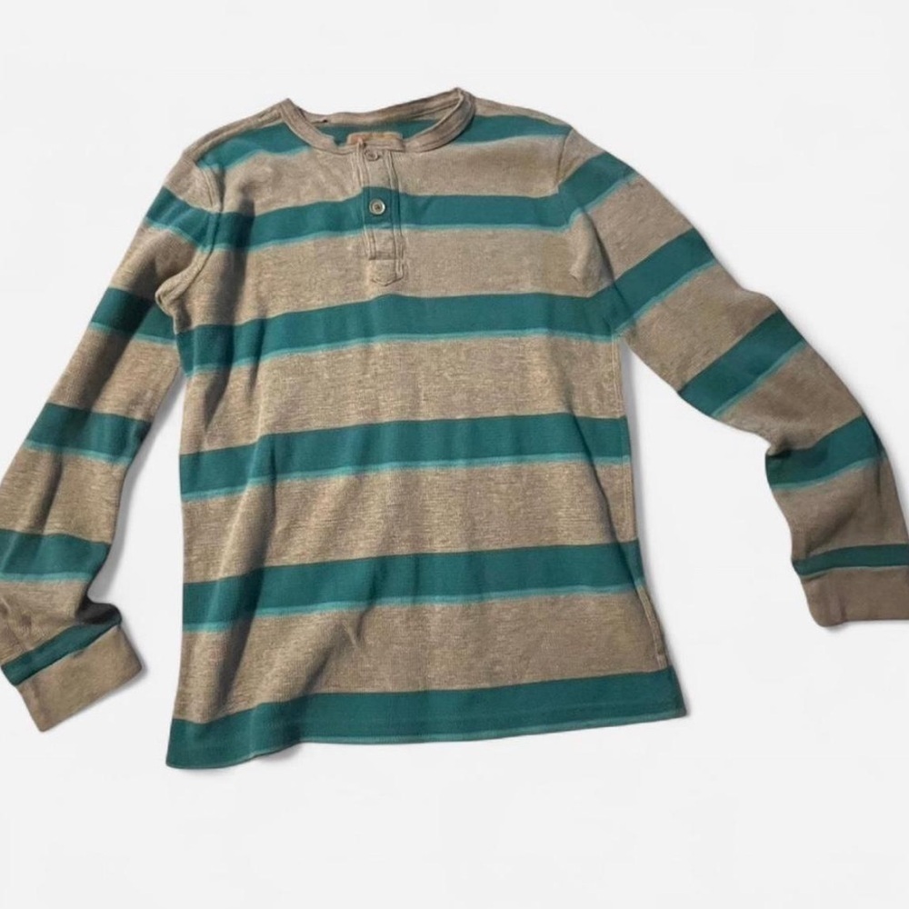 Red Camel Turquoise & Grey Striped Long Sleeve Henley Shirt, EUC